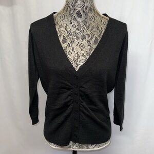 AB Studio Large Black Sparkly Ruched V Neck Cardigan Sweater Lurex
